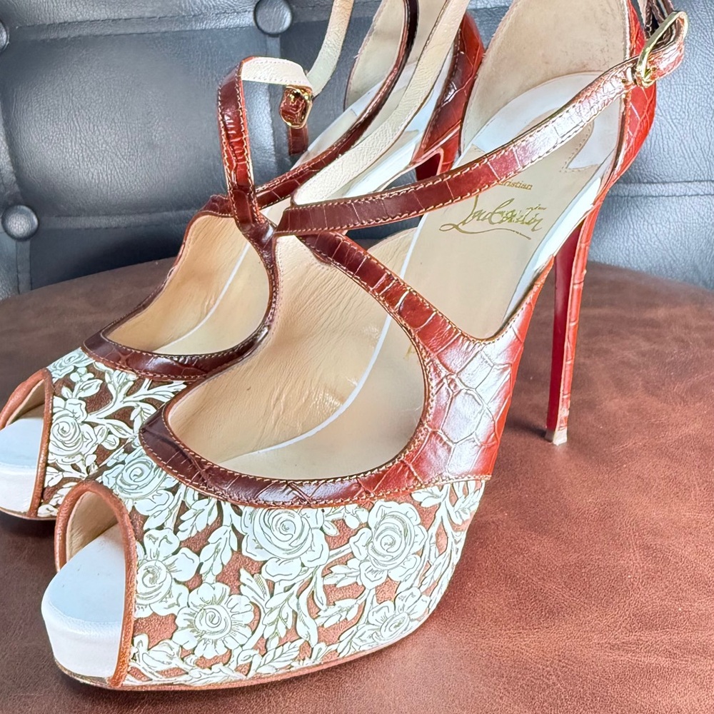 Christian Louboutin Floral Brown and Cream Heels
